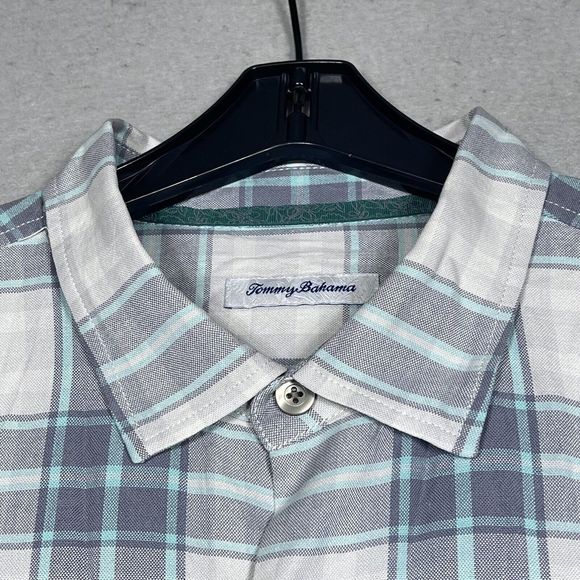 Tommy Bahama Zamora Plaid Silk Shirt Men XXL Gray Green Short Sleeve - Picture 2 of 13